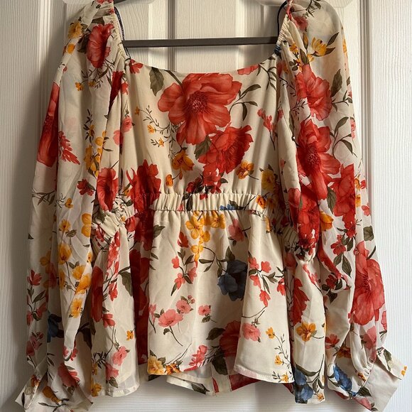Forever 21 Plus Women's 0X Long Sleeve Button Up Floral Peplum Blouse NWOT - Picture 2 of 9